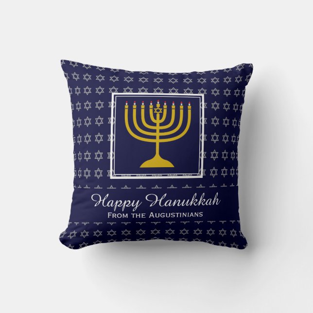 HAPPY HANUKKAH Personalized BLUE Star David Throw Pillow (Front)