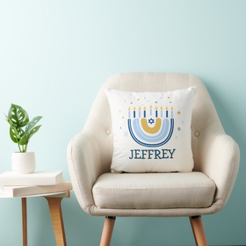 Happy Hanukkah Personalized Menorah Rainbow Throw Pillow