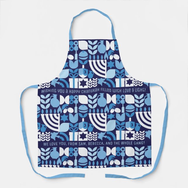 Happy Hanukkah Personalized Modern Menorah & Stars Apron (Front)