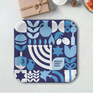 Happy Hanukkah Personalized Modern Menorah & Stars Paper Plates