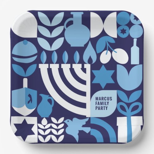 Happy Hanukkah Personalized Modern Menorah  Stars Paper Plates