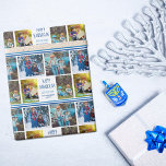 Happy Hanukkah Photo Collage Beautiful Blue Custom Wrapping Paper<br><div class="desc">This cute,  modern Happy Hanukkah wrapping paper features a classy layout of 4 family photos on a white background with pretty blue typography. This beautiful kids photo Chanukah gift wrap features your own child's photograph collage surrounding your message and family name.</div>