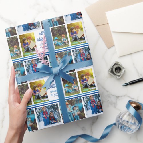 Happy Hanukkah Photo Collage Beautiful Blue Custom Wrapping Paper