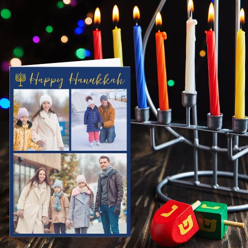 Happy Hanukkah Photo Collage Modern Blue Folded Holiday Card