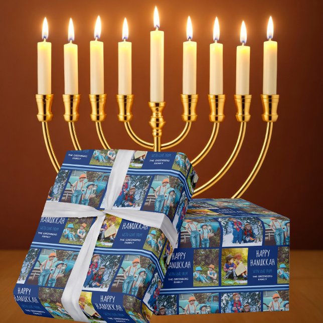 Happy Hanukkah Photo Collage Personalized Blue Wrapping Paper (Creator Uploaded)
