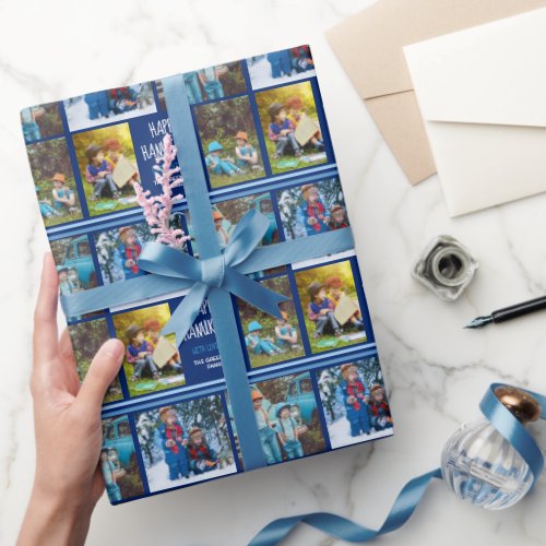 Happy Hanukkah Photo Collage Personalized Blue Wrapping Paper