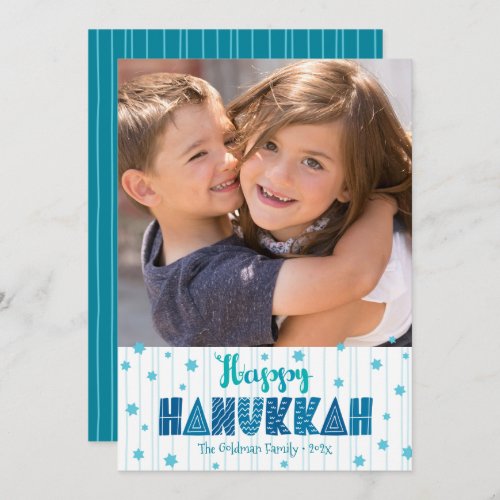 Happy Hanukkah Photo Fun Modern Typography Teal  Holiday Card