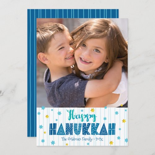 Happy Hanukkah Photo Gold Stars Modern Typography  Holiday Card