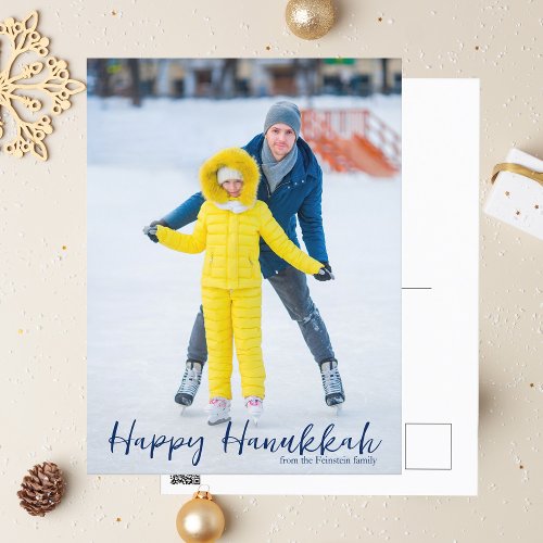 Happy Hanukkah Photo Minimalist Modern Blue Script Holiday Postcard