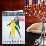 Happy Hanukkah Photo Modern Blue Script Folded Holiday Card<br><div class="desc">Modern customizable Jewish full photo vertical Hanukkah card with a winter photograph of your child or family with blue script overlay. Add another favorite Chanukah picture inside and customize your own Happy Hanukkah message of love and light inside.</div>
