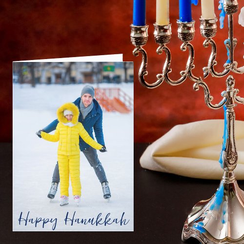 Happy Hanukkah Photo Modern Blue Script Folded Holiday Card