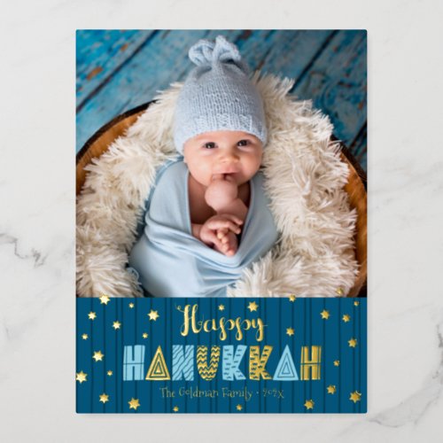 Happy Hanukkah Photo Modern Cute Blue Real Gold Foil Holiday Postcard