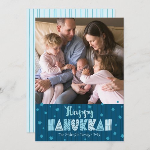 Happy Hanukkah Photo Modern Fun Typography Blue Holiday Card