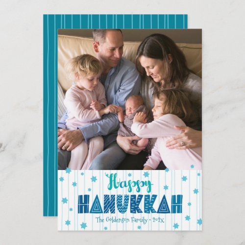 Happy Hanukkah Photo Modern Fun Typography Teal Holiday Card