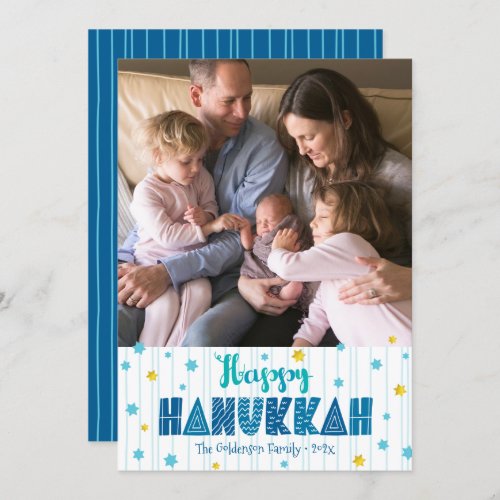 Happy Hanukkah Photo Modern Typography Gold Stars Holiday Card