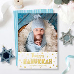 Happy Hanukkah Photo Modern Whimsical Real Gold Foil Holiday Card<br><div class="desc">“Happy Hanukkah.” Fun, playful, whimsical handcrafted real gold foil typography and a random Star of David pattern overlay a clean, white background. Add the photo of your choice and help usher in Hanukkah with this stunning, colorful, personalized real gold foil greeting card. Hand drawn white lines overlay a light turquoise...</div>