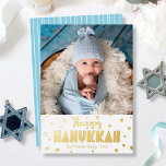 Happy Hanukkah Photo Modern Whimsical Real Gold Foil Holiday Card<br><div class="desc">“Happy Hanukkah.” Fun, playful, whimsical handcrafted real gold foil typography and a random Star of David pattern overlay a clean, white background. Add the photo of your choice and help usher in Hanukkah with this stunning, colorful, personalized real gold foil greeting card. Hand drawn white lines overlay a light turquoise...</div>