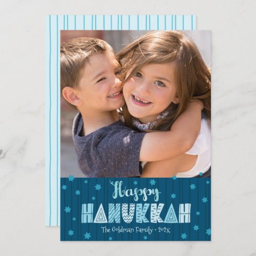 Happy Hanukkah Photo Navy Fun Modern Typography  Holiday Card