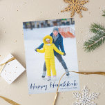 Happy Hanukkah Photo Trendy Vertical Blue Script Holiday Card<br><div class="desc">Modern customizable Jewish full photo vertical Hanukkah card with a winter photograph of your child or family with blue script overlay. Add your favorite Chanukah picture and customize your own Happy Hanukkah message of love and light.</div>