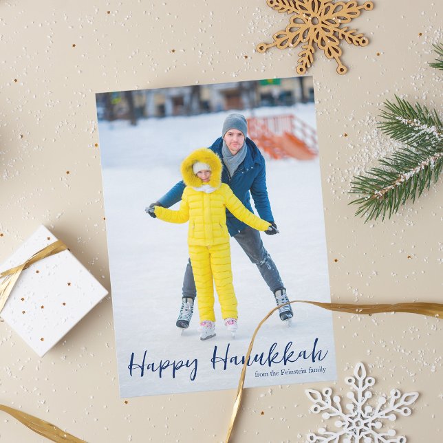 Happy Hanukkah Photo Trendy Vertical Blue Script Holiday Card (Creator Uploaded)