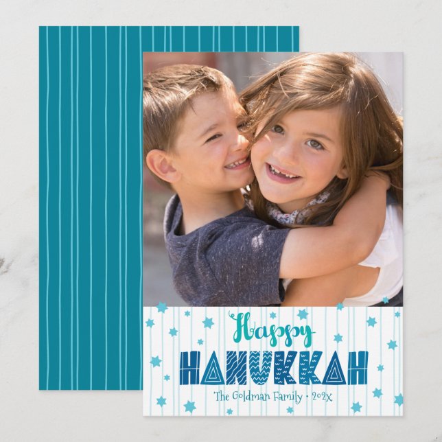 Happy Hanukkah Photo Turquoise Typography Bold  Holiday Card (Front/Back)