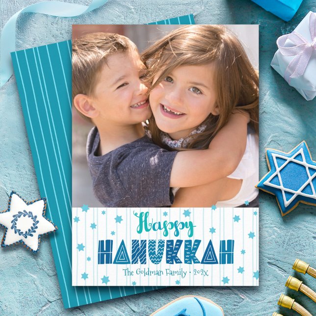 Happy Hanukkah Photo Turquoise Typography Bold  Holiday Card (Creator Uploaded)