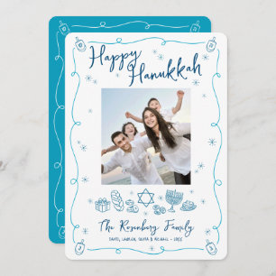 Happy Hanukkah Photo Whimsical Hand Drawn Doodles Holiday Card