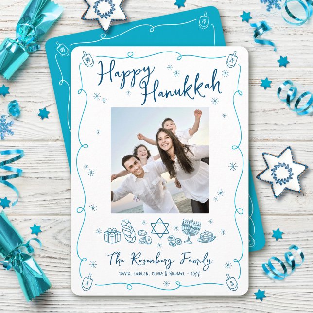 Happy Hanukkah Photo Whimsical Hand Drawn Doodles Holiday Card (Creator Uploaded)