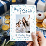 Happy Hanukkah Photo Whimsical Hand Drawn Playful Holiday Card<br><div class="desc">“Happy Hanukkah.” It's that time to touch base with your family and friends to celebrate Hanukkah and usher in the festival of lights. Fun, whimsical navy blue handwritten script typography, Star of David and turquoise teal blue hand drawn Hanukkah dreidels and sparkles, along with the photo of your choice, overlay...</div>