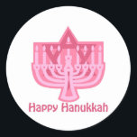 Happy Hanukkah Pink Menorah Classic Round Sticker<br><div class="desc">Customizable Holiday Cards,  Tees and Gifts</div>