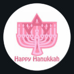 Happy Hanukkah Pink Menorah Classic Round Sticker<br><div class="desc">Customizable Holiday Cards,  Tees and Gifts</div>