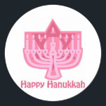Happy Hanukkah Pink Menorah Classic Round Sticker<br><div class="desc">Customizable Holiday Cards,  Tees and Gifts</div>