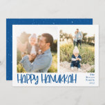 Happy Hanukkah Playful 2 Photo Holiday Card<br><div class="desc">Hanukkah holiday photo card. Features,  playful blue bold handwritten "Happy Hanukkah" ,  2 photo template spaces on front or card,  and coordinating snowy overlay on blue color backing. Template text lines for your name and year in matching blue color.</div>