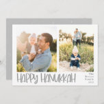 Happy Hanukkah Playful 2 Photo Holiday Card<br><div class="desc">Hanukkah holiday photo card. Features,  playful silver gray bold handwritten "Happy Hanukkah" ,  2 photo template spaces on front or card,  and coordinating snowy overlay on light silver gray color backing. Template text lines for your name and year in matching gray color.</div>