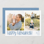 Happy Hanukkah Playful 2 Photo Holiday Card<br><div class="desc">Hanukkah holiday photo card. Features,  playful light blue bold handwritten "Happy Hanukkah" ,  2 photo template spaces on front or card,  and coordinating snowy overlay on light blue color backing. Template text lines for your name and year in matching blue color.</div>