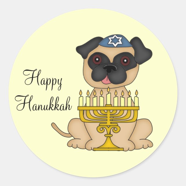 Happy Hanukkah-Pug Dog with Menorah Classic Round Sticker (Front)