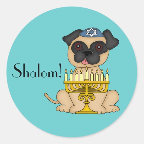 Happy Hanukkah_Pug Dog with Menorah Classic Round Sticker