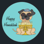 Happy Hanukkah-Pug Dog with Menorah Classic Round Sticker<br><div class="desc">This very cute sticker has a little Pug dog,  wearing a blue yarmulke with a Star of David and a Menorah sitting in front of him. You can customize the text of "Happy Hanukkah" if you wish,  or delete.</div>