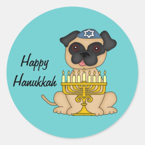 Happy Hanukkah_Pug Dog with Menorah Classic Round Sticker