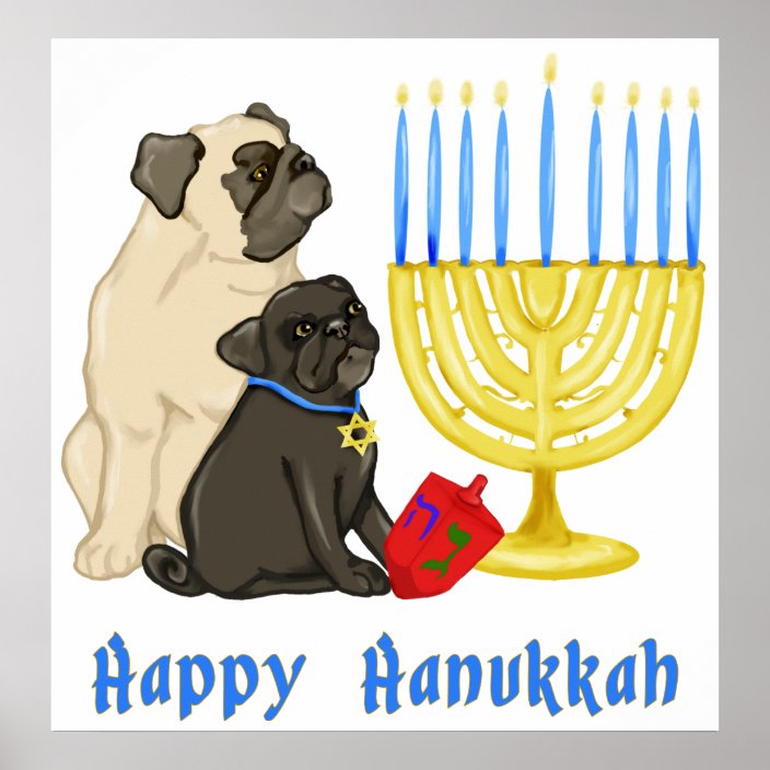 Happy Hanukkah Pugs and Menorah Poster Customize