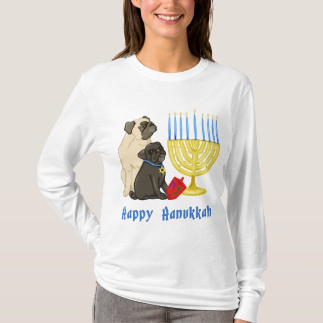 Happy Hanukkah Pugs with Menorah T-Shirt (Front)