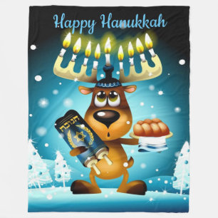 Happy Hanukkah Reindeer Fleece Blanket
