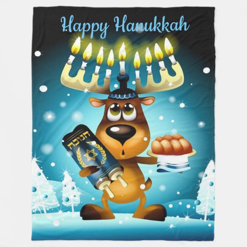 Happy Hanukkah Reindeer Fleece Blanket