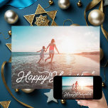 Happy Hanukkah Retro Type Simple Holiday Photo<br><div class="desc">Customize your photo and backer color,  this one has a navy back with snowy polka dots. "Happy Hanukkah" greeting.</div>