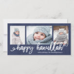Happy Hanukkah Script 3-Photo Holiday<br><div class="desc">Holiday photocard featuring a 3-photo collage layout with trendy brush-script lettering and a grunge effect to the dark navy background.</div>