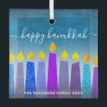 Happy Hanukkah Script Menorah Candles Turquoise Glass Ornament<br><div class="desc">“Happy Hanukkah.” A playful, modern, artsy illustration of boho pattern candles helps you usher in the holiday of Hanukkah in style. Assorted blue candles with colorful faux foil patterns and your family name and year, overlay a turquoise gradient to white textured background. Feel the warmth and joy of the holiday...</div>