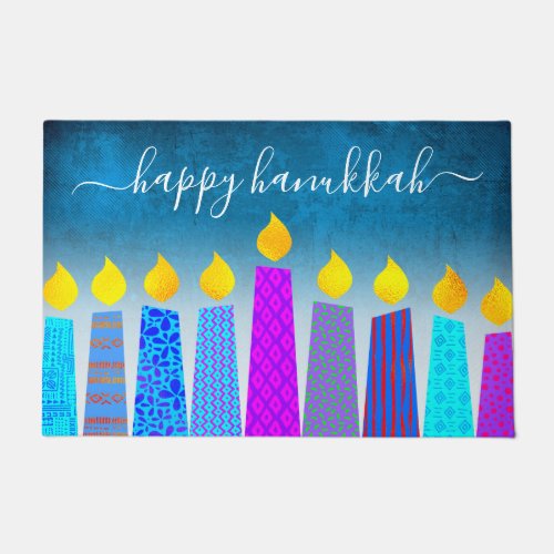 Happy Hanukkah Script Modern Boho Candle Turquoise Doormat