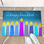 Happy Hanukkah Script Modern Boho Candle Turquoise Doormat<br><div class="desc">“Happy Hanukkah.” Decorate your entryway in “style” with this unique, fun custom holiday welcome mat! A playful, modern, artsy illustration of boho pattern candles in a menorah helps you usher in the holiday of Hanukkah. Assorted blue candles with colorful faux foil patterns overlay a turquoise gradient to white textured background....</div>