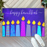 Happy Hanukkah Script Modern Boho Candles on Blue Doormat<br><div class="desc">“Happy Hanukkah.” Decorate your entryway in “style” with this unique, fun custom holiday welcome mat! A playful, modern, artsy illustration of boho pattern candles in a menorah helps you usher in the holiday of Hanukkah. Assorted blue candles with colorful faux foil patterns and gold faux foil flames overlay a rich,...</div>