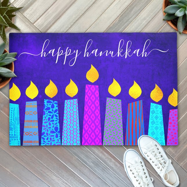 Happy Hanukkah Script Modern Boho Candles on Blue Doormat (Creator Uploaded)